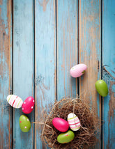 Colorful Easter Eggs On The Blue Wood Floor Backdrop Shopbackdrop